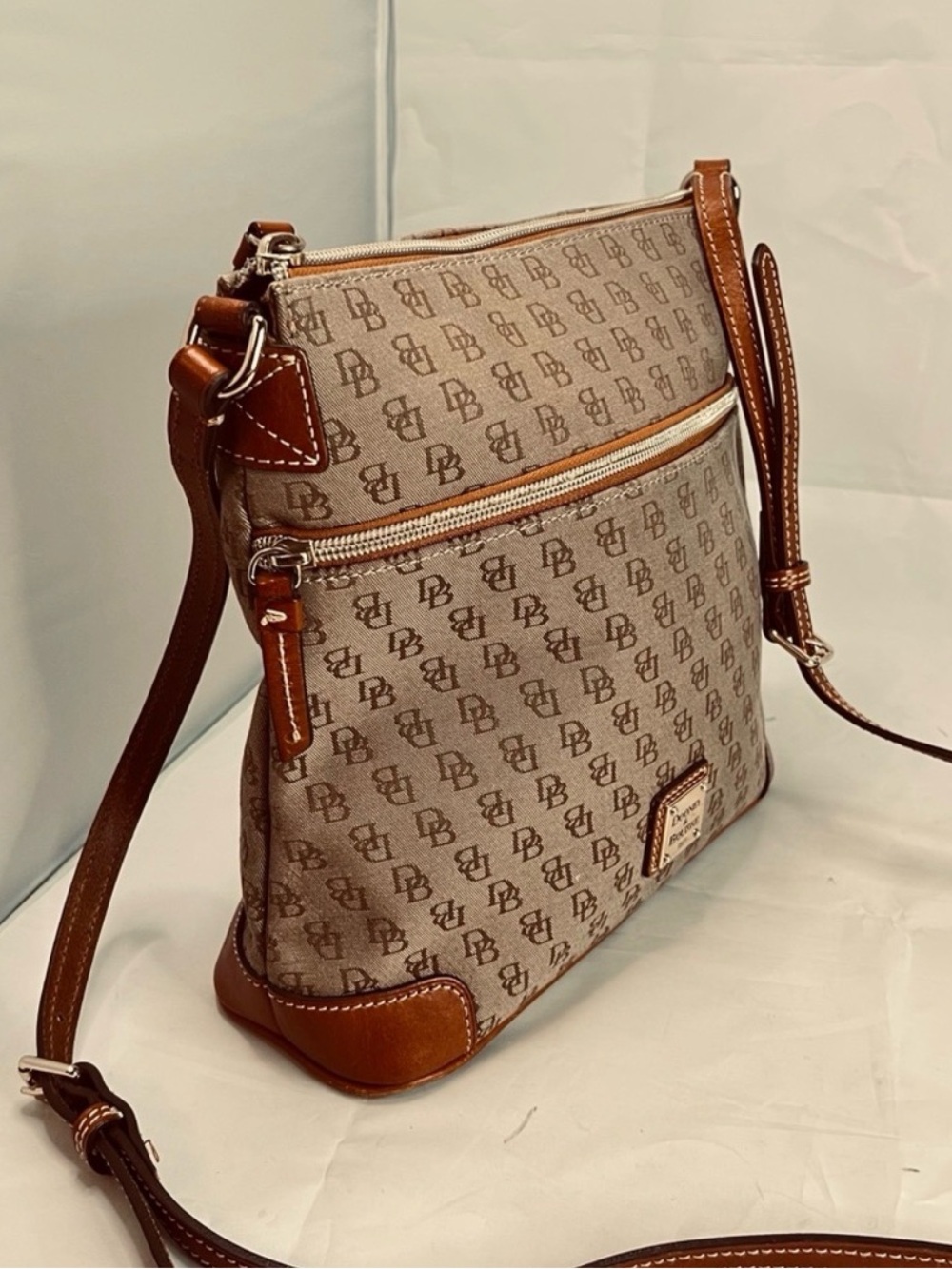 Dooney & Bourke Brown Logo Print Canvas Tote with Tan Trim